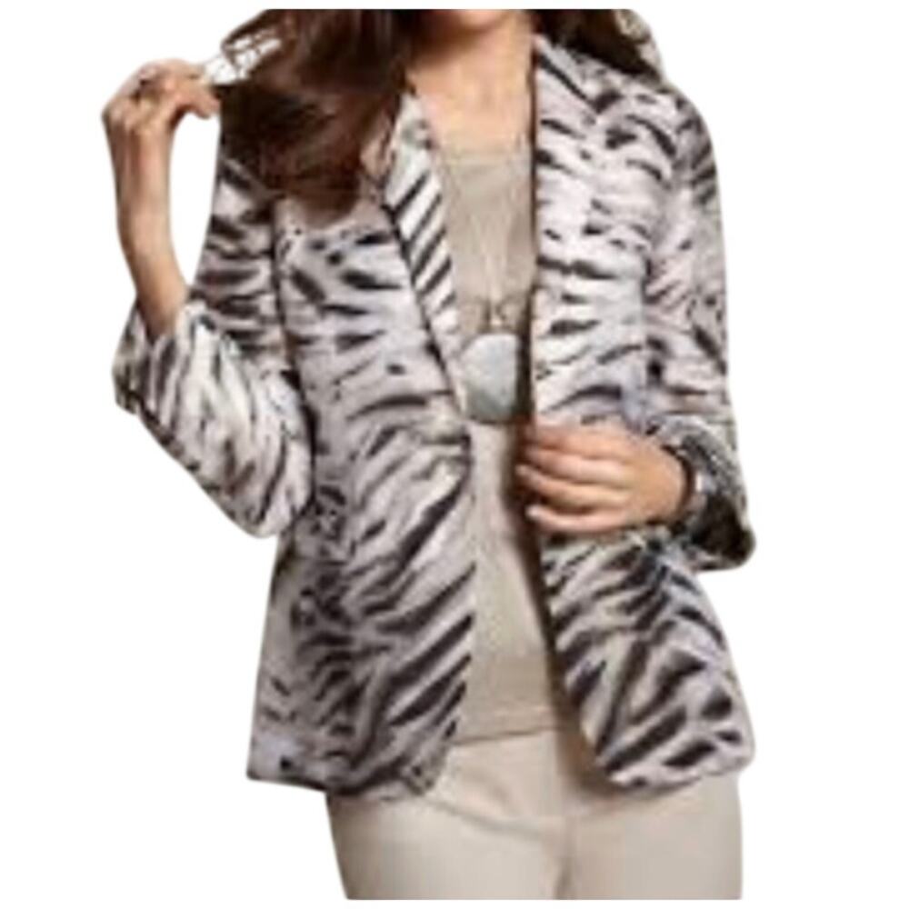 Chico's Linen Animal Print Blazer Size 0 US 4-6 Small Zebra Stripe Cream Black